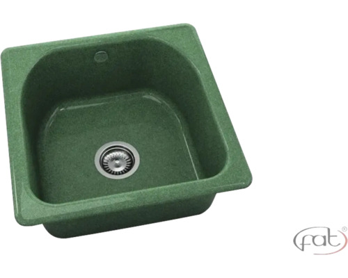 Chiuvetă de bucătărie încorporabilă verde din compozit de granit, o cuvă cu ventil tip sită și preaplin. fat Logo.