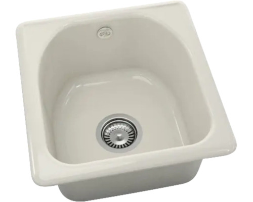 Chiuvetă de bucătărie pătrată din ceramică alb-crem cu scurgere și preplin.