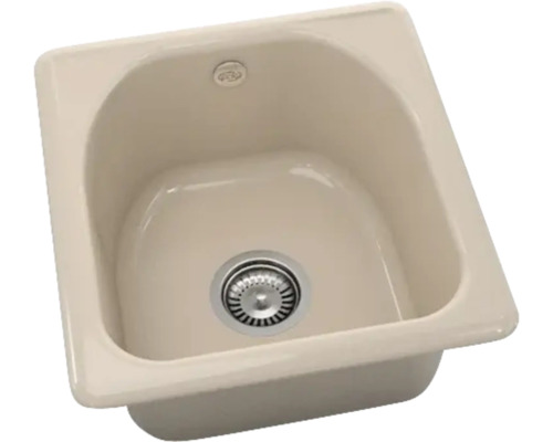 Chiuvetă de bucătărie bej, o singură cuvă, pătrată cu interior rotunjit, dotată cu sifon și preaplin.