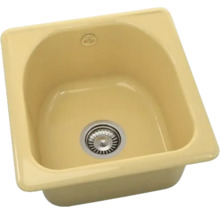 Chiuvetă încorporabilă bej din ceramică cu o singură cuvă și ventil cu sită din oțel inoxidabil.