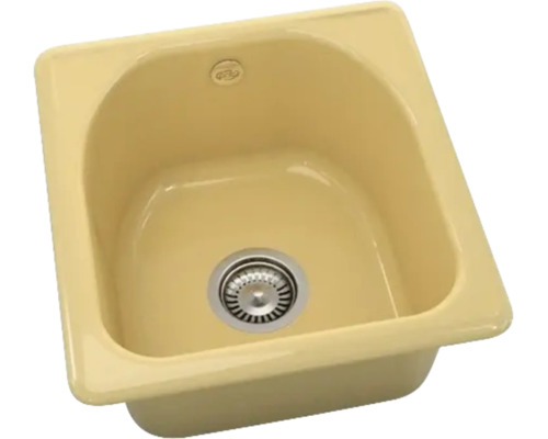 Chiuvetă încorporabilă bej din ceramică cu o singură cuvă și ventil cu sită din oțel inoxidabil.