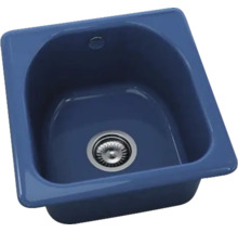 Chiuvetă de bucătărie încastrată albastră din ceramică cu ventil cu sită și preaplin.