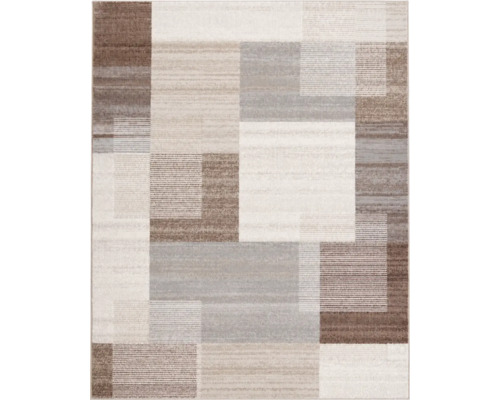 Covor dreptunghiular cu model geometric de tip patchwork din pătrate și dreptunghiuri cu diverse texturi.