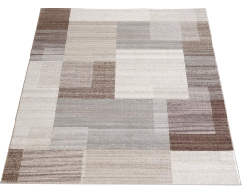 Covor modern cu model geometric de blocuri în culorile bej, maro și gri cu diverse texturi.