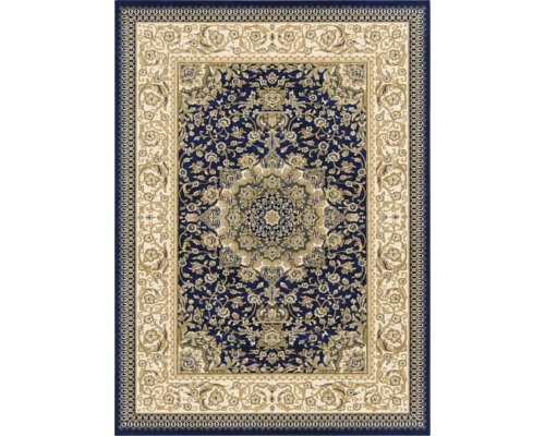 Covor oriental cu model ornamental tradițional, medalion central și motive florale.