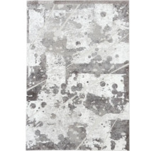Covor modern cu model abstract format din puncte, pete și linii diagonale în nuanțe de gri și alb.