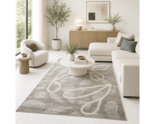 Sufragerie modernă cu covor mare cu model, canapea în L, măsuță de cafea rotundă, bufet din lemn și plante de interior în stil minimalist.