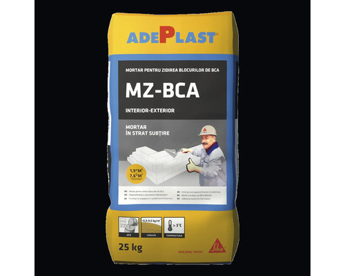 Mortar Adeplast MZ-BCA pentru zidirea blocurilor de beton celular autoclavizat, sac de 25 kilograme, Adeplast Logo, Sika Logo.