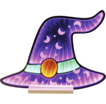 Lumină decorativă cu LED în formă de pălărie de vrăjitor cu efect de oglindă infinită, decorată cu luni și stele.