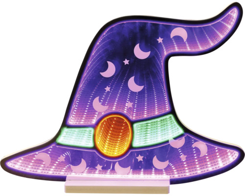 Lumină decorativă cu LED în formă de pălărie de vrăjitor cu efect de oglindă infinită, decorată cu luni și stele.