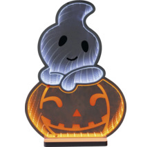 Decorațiune LED de Halloween în formă de fantomă pe un dovleac cu efect de oglindă infinită.