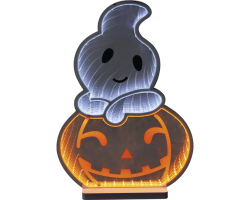 Decorațiune LED de Halloween în formă de fantomă pe un dovleac cu efect de oglindă infinită.