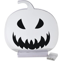 Decorațiune de Halloween LED în formă de dovleac din plastic cu față neagră, suport alb și compartiment pentru baterii.