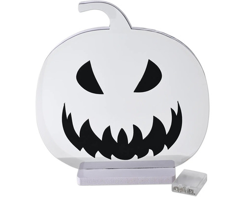 Decorațiune de Halloween LED în formă de dovleac din plastic cu față neagră, suport alb și compartiment pentru baterii.