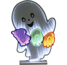 Decorațiune LED pentru Halloween în formă de fantomă cu efect de oglindă infinită și textul BOO.