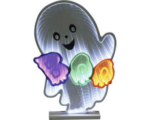 Decorațiune LED pentru Halloween în formă de fantomă cu efect de oglindă infinită și textul BOO.