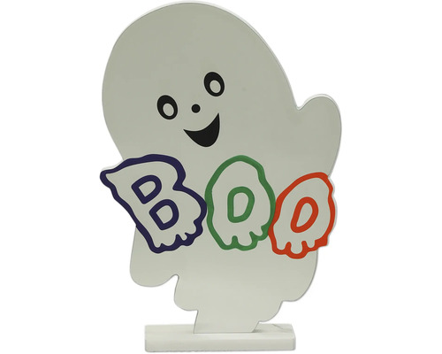 Figurină decorativă de Halloween în formă de spirit zâmbitor cu inscripția BOO pe un suport.