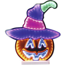 Decorațiune LED Halloween dovleac portocaliu cu pălărie de vrăjitoare colorată și efect de infinit.