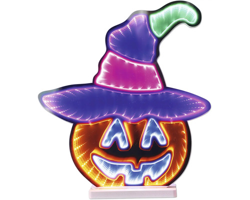 Decorațiune LED Halloween dovleac portocaliu cu pălărie de vrăjitoare colorată și efect de infinit.