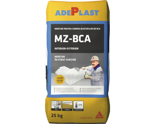 AdePlast MZ-BCA mortar pentru zidirea blocurilor de BCA, mortar în strat subțire, interior și exterior, 25 kg.