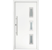 Ușă de intrare albă cu trei inserții de sticlă dreptunghiulare și un mâner vertical din oțel inoxidabil.