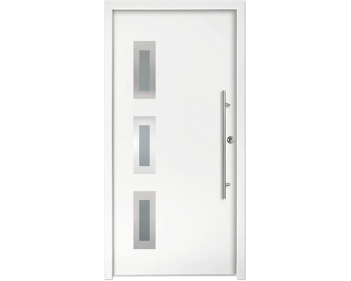 Ușă de intrare modernă albă cu trei decupaje vitrate verticale și mâner lung din oțel inoxidabil.