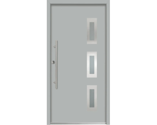 Ușă de intrare gri cu trei decupaje rectangulare din sticlă și un mâner lung din oțel inoxidabil.