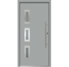 Ușă de intrare modernă, gri, cu trei decupaje dreptunghiulare din sticlă și un mâner lung din oțel inoxidabil.