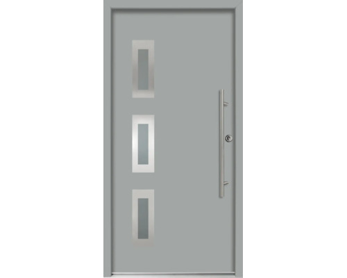 Ușă de intrare modernă, gri, cu trei decupaje dreptunghiulare din sticlă și un mâner lung din oțel inoxidabil.
