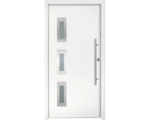 Ușă de intrare albă cu trei inserții rectangulare de sticlă și un mâner lung din oțel inoxidabil.
