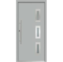 Ușă de intrare gri cu trei decupaje rectangulare din sticlă și un mâner lung din oțel inoxidabil.