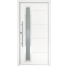 Ușă de intrare cu geam vertical, mâner din oțel inoxidabil și caneluri decorative orizontale.