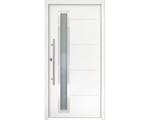 Ușă de intrare cu geam vertical, mâner din oțel inoxidabil și caneluri decorative orizontale.