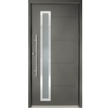 Ușă de intrare modernă din aluminiu antracit cu decupaj vertical din sticlă, mâner bară din oțel inoxidabil și caneluri orizontale.