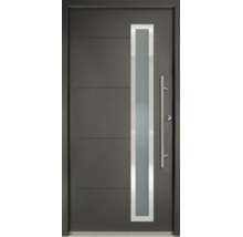 Ușă de intrare în culoarea antracit cu inserție verticală de sticlă, mâner bară din oțel inoxidabil și caneluri orizontale.
