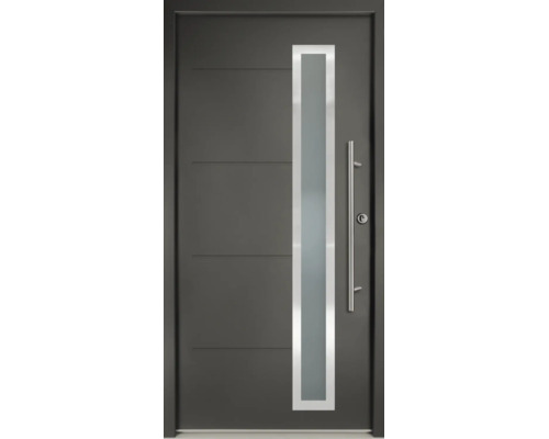 Ușă de intrare în culoarea antracit cu inserție verticală de sticlă, mâner bară din oțel inoxidabil și caneluri orizontale.