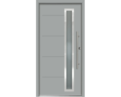 Ușă de intrare gri cu geam vertical, ramă din oțel inoxidabil, mâner bară și caneluri orizontale.