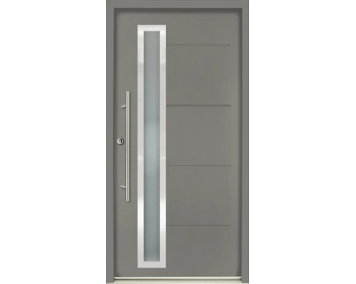Ușă de intrare gri cu inserție de sticlă verticală, mâner lung din oțel inoxidabil și caneluri orizontale.