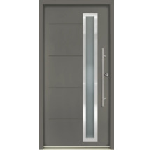 Ușă de intrare modernă de culoare gri închis, cu decupaj vertical din sticlă, ramă din oțel inoxidabil, caneluri orizontale și mâner bară.