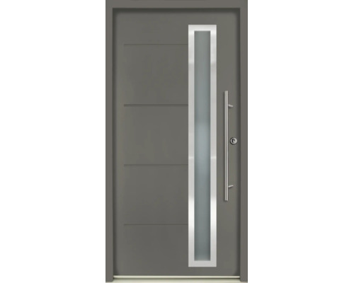 Ușă de intrare modernă de culoare gri închis, cu decupaj vertical din sticlă, ramă din oțel inoxidabil, caneluri orizontale și mâner bară.