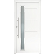 Ușă de intrare albă din aluminiu cu geam vertical și mâner tip bară.