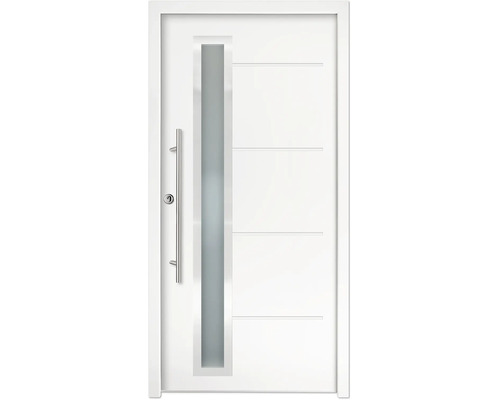Ușă de intrare albă din aluminiu cu geam vertical și mâner tip bară.