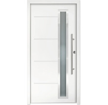 Ușă de intrare albă cu geam vertical, mâner bară din oțel inoxidabil și caneluri orizontale.