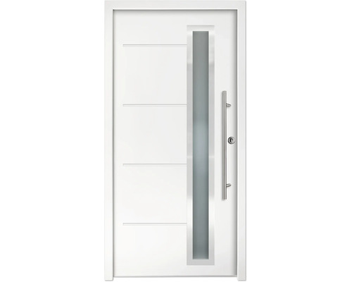 Ușă de intrare albă cu geam vertical, mâner bară din oțel inoxidabil și caneluri orizontale.