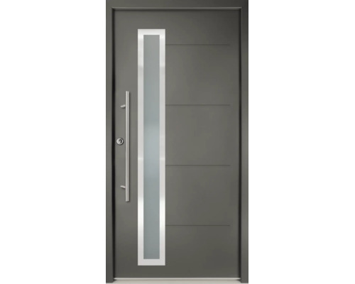 Ușă de intrare modernă din aluminiu antracit cu decupaj vertical din sticlă, mâner bară din oțel inoxidabil și caneluri orizontale.
