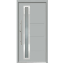 Ușă de intrare modernă, gri, cu geam vertical, mâner bară din oțel inoxidabil și caneluri decorative orizontale.
