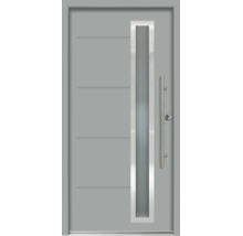 Ușă de intrare gri cu geam vertical, ramă din oțel inoxidabil, mâner bară și caneluri orizontale.
