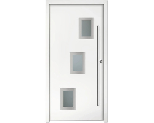 Ușă de intrare albă cu trei inserții de sticlă dreptunghiulare în rame de oțel inoxidabil și mâner lung vertical.