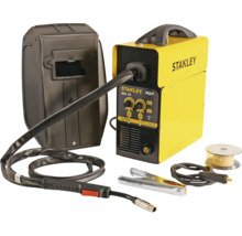 Aparat de sudură invertor Stanley MIG 120, set cu mască de sudură, pistolet MIG, clemă de masă și bobină de sârmă de sudură.