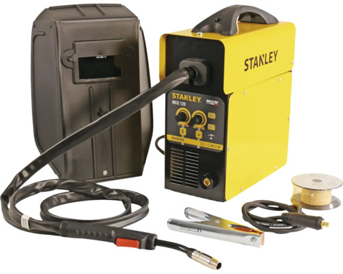 Aparat de sudură invertor Stanley MIG 120, set cu mască de sudură, pistolet MIG, clemă de masă și bobină de sârmă de sudură.
